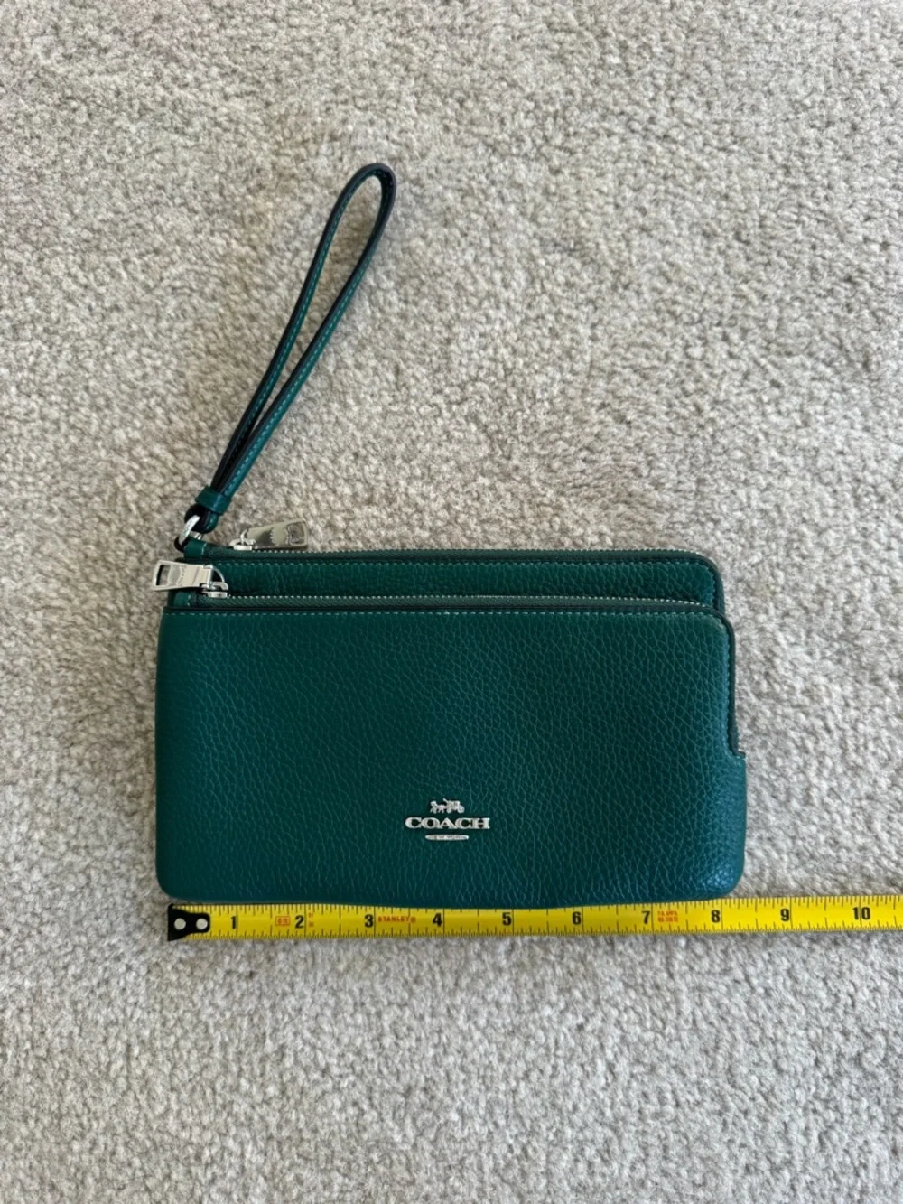 Coach Teal Green Pebbled Leather Double Zip Wristlet with silver hardware - Picture 1 of 7